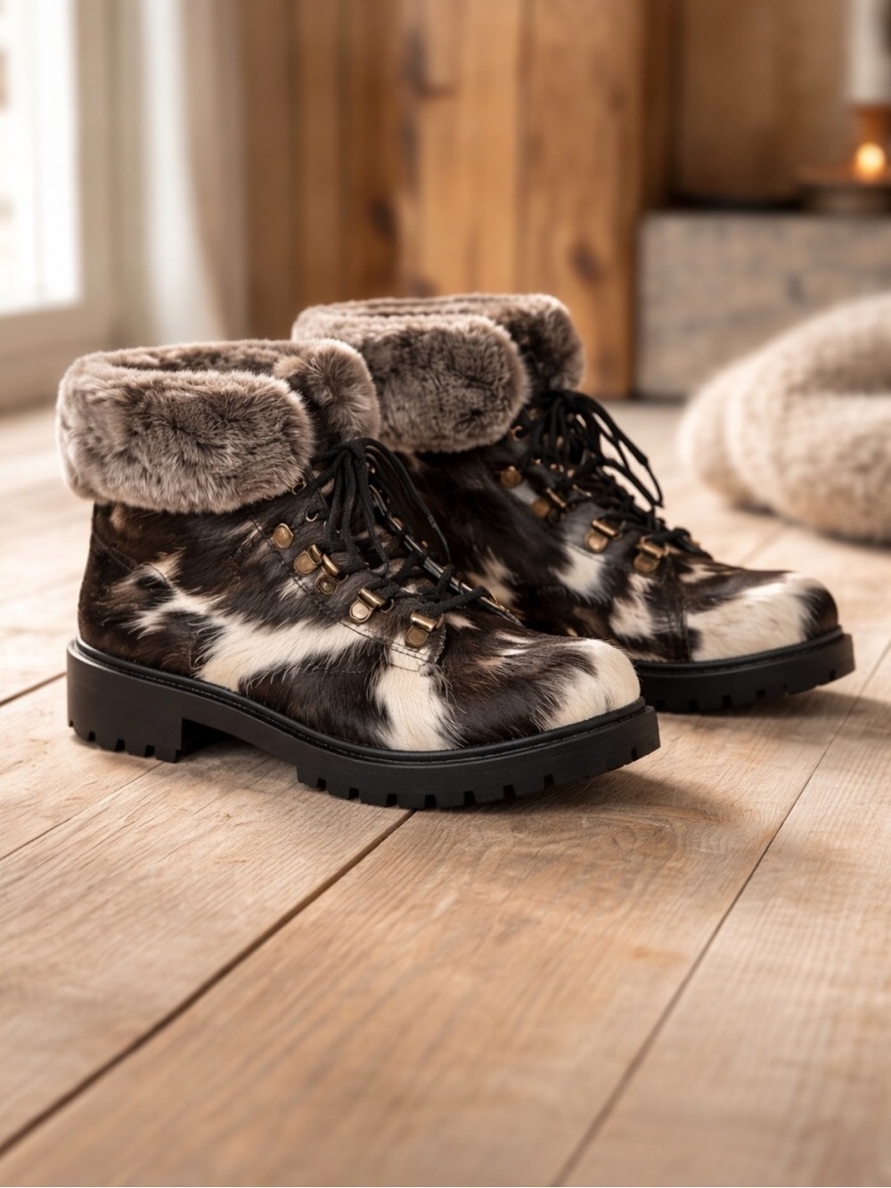 Myra Cowhide Combat Booties Black White Western Platform Size 6